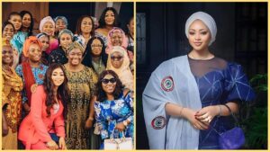 Left side: Regina Daniels poses with a large group of women dressed in colourful traditional and formal outfits, believed to be members of the Senators’ Wives Association of Nigeria. Right side: Regina Daniels stands alone in a blue and white outfit, wearing a headscarf and holding a small purse, with association badges visible on her sleeve.