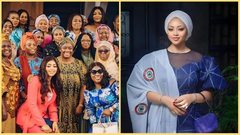 Left side: Regina Daniels poses with a large group of women dressed in colourful traditional and formal outfits, believed to be members of the Senators’ Wives Association of Nigeria. Right side: Regina Daniels stands alone in a blue and white outfit, wearing a headscarf and holding a small purse, with association badges visible on her sleeve.