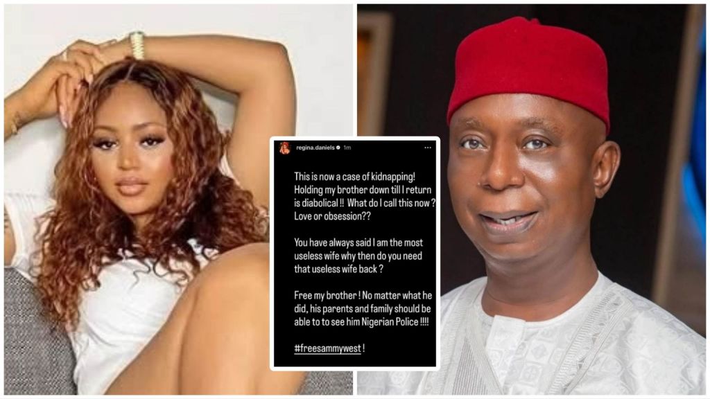 Split photo showing Regina Daniels on the left, a screenshot of her Instagram post in the centre, and Senator Ned Nwoko on the right.