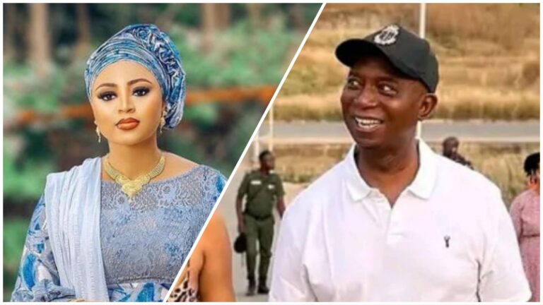 Split image showing actress Regina Daniels on the left in traditional attire and politician Ned Nwoko on the right wearing a white shirt and black cap.