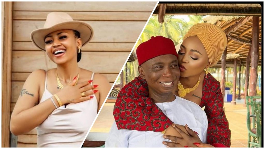 Split image showing Nollywood actress Regina Daniels smiling in a solo photo on the left, and on the right, Regina affectionately kissing her husband, Nigerian politician and businessman Ned Nwoko, as she wraps her arm around him.