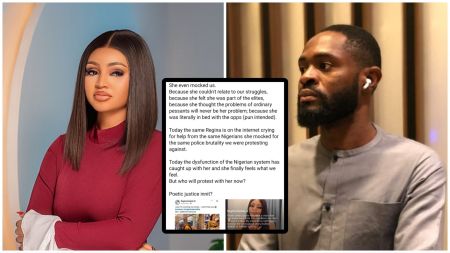 Side-by-side collage showing actress Regina Daniels on the left in a red outfit, and cinematographer Jude Eze on the right wearing a grey shirt and AirPods, with a screenshot of his lengthy Facebook post criticising her placed in the centre.