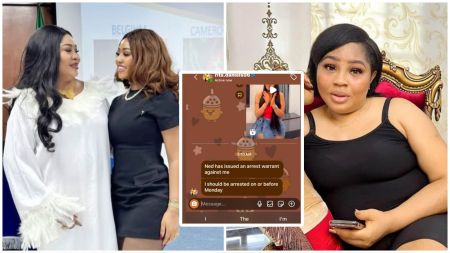 A photo collage showing Regina Daniels and her mother Rita Daniels standing together at an event, a WhatsApp screenshot of Rita allegedly warning Regina about an arrest order, and a separate image of Rita sitting on a couch while holding a phone.