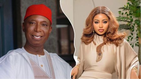 Side-by-side photo of Nigerian politician Ned Nwoko wearing a red cap and white outfit, and actress Regina Daniels seated in a cream gown with wavy hair.