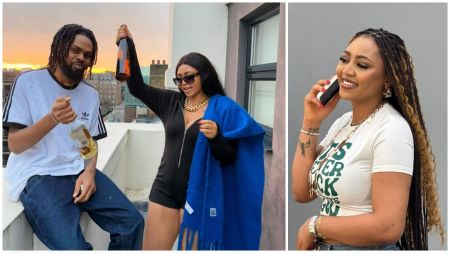 Side-by-side photos showing Sweezzy and Regina Daniels on a rooftop holding drink bottles at sunset, and a separate image of Regina smiling while on a phone call.