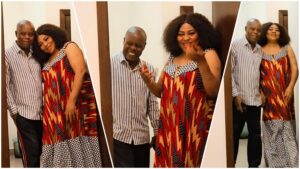 A collage of three photos showing Regina Daniels’ parents standing together indoors. Her mother, wearing a colourful patterned dress, leans affectionately on her father, who is dressed in a striped shirt and dark trousers. Both appear relaxed and smiling while posing in a doorway.