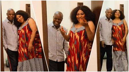 A collage of three photos showing Regina Daniels’ parents standing together indoors. Her mother, wearing a colourful patterned dress, leans affectionately on her father, who is dressed in a striped shirt and dark trousers. Both appear relaxed and smiling while posing in a doorway.