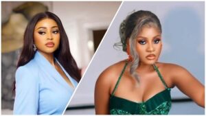 Side-by-side photo collage showing Regina Daniels in a blue blazer on the left and BBNaija star Phyna in a green sequin dress on the right, both posing for the camera.