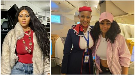 Regina Daniels poses with an air hostess inside a commercial aircraft, wearing a pink cap and casual outfit, while another image shows her in a red top, jeans and a fur jacket indoors.