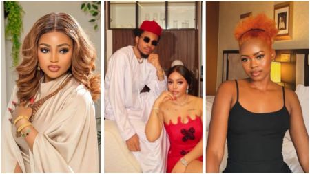 Image collage showing three photos: Regina Daniels posing in a cream outfit, Sammy West seated beside Regina Daniels in a red dress, and Destiny Daniels sitting on a bed in a black outfit.