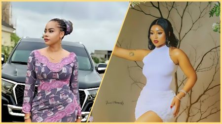 Side-by-side collage showing Regina Daniels in a sleeveless white dress posing indoors, and Precious Chikwendu in a patterned purple traditional outfit standing in front of a black SUV.