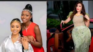 Side-by-side photo showing Regina Daniels and her sister Destiny posing together in coordinated outfits on the left, both smiling, while Laila Charani stands beside a red luxury car on the right wearing a green embellished gown.