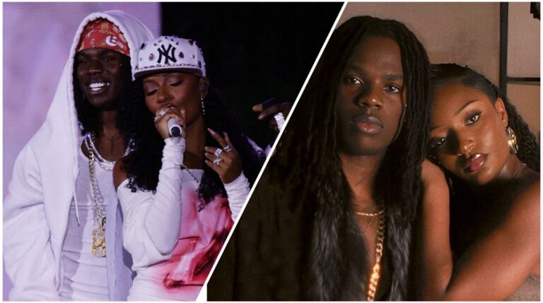 A collage showing Nigerian singers Rema and Ayra Starr. On the left, they perform on stage with close chemistry—Rema smiling in a white hoodie and red bandana, while Ayra Starr sings into a microphone wearing a white top and a New York Yankees cap. On the right, they pose closely for a photoshoot, with Ayra Starr resting her head on Rema’s shoulder.