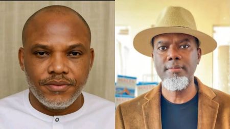 Side-by-side photos of Nnamdi Kanu and Reno Omokri; Kanu is shown in a white outfit against a plain background, while Omokri appears in a brown jacket and hat in a softly lit indoor setting.