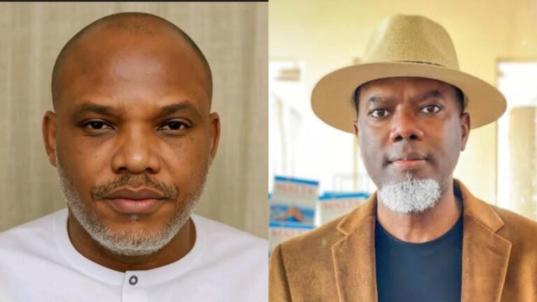 Side-by-side photos of Nnamdi Kanu and Reno Omokri; Kanu is shown in a white outfit against a plain background, while Omokri appears in a brown jacket and hat in a softly lit indoor setting.