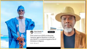 Side-by-side photos of Reno Omokri wearing a blue agbada in one image and a brown jacket with a hat in the other, with a screenshot of his 2017 tweet about the killing of Christians in Nigeria placed below