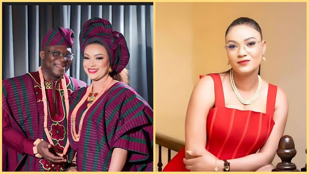 A smiling Reuben Abati poses with his wife Kikelomo Atanda-Owo in matching traditional maroon and green attire on the left, while Kikelomo appears in a separate portrait on the right wearing a sleeveless red dress and pearl necklace.
