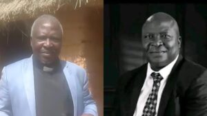 Two photos of Reverend Ezekiel Dachomo: the left image shows him wearing a light blue jacket and clerical collar while standing outside a thatched-roof structure; the right image is a black-and-white portrait of him in a suit and patterned tie.