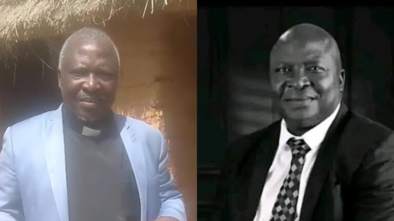 Two photos of Reverend Ezekiel Dachomo: the left image shows him wearing a light blue jacket and clerical collar while standing outside a thatched-roof structure; the right image is a black-and-white portrait of him in a suit and patterned tie.