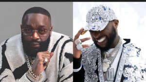 Side-by-side photo of Rick Ross wearing glasses and a patterned sweater, and Davido smiling in a heavily embellished silver outfit and matching cap.
