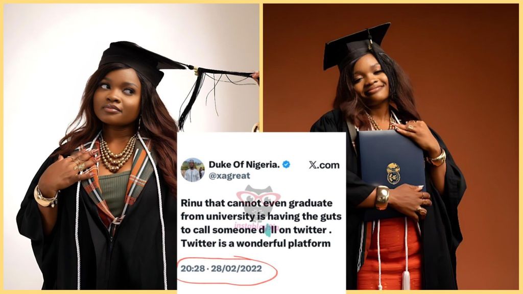 Side-by-side graduation photos of Nigerian activist Rinu Oduala in a black academic gown and cap, holding her certificate and posing confidently. In the centre is a screenshot of a 2022 tweet mocking her for not graduating