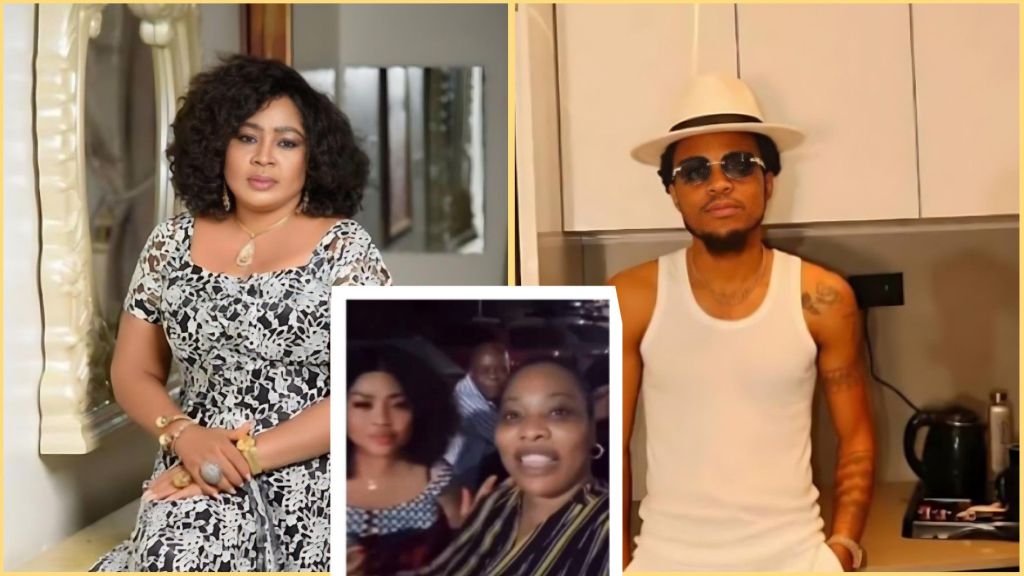 Collage showing actress Rita Daniels seated in a patterned dress on the left, her son Sammy wearing a white vest, hat and sunglasses on the right, and a smaller inset image in the centre featuring Rita’s daughter Regina Daniels and other family members during a recorded video update.