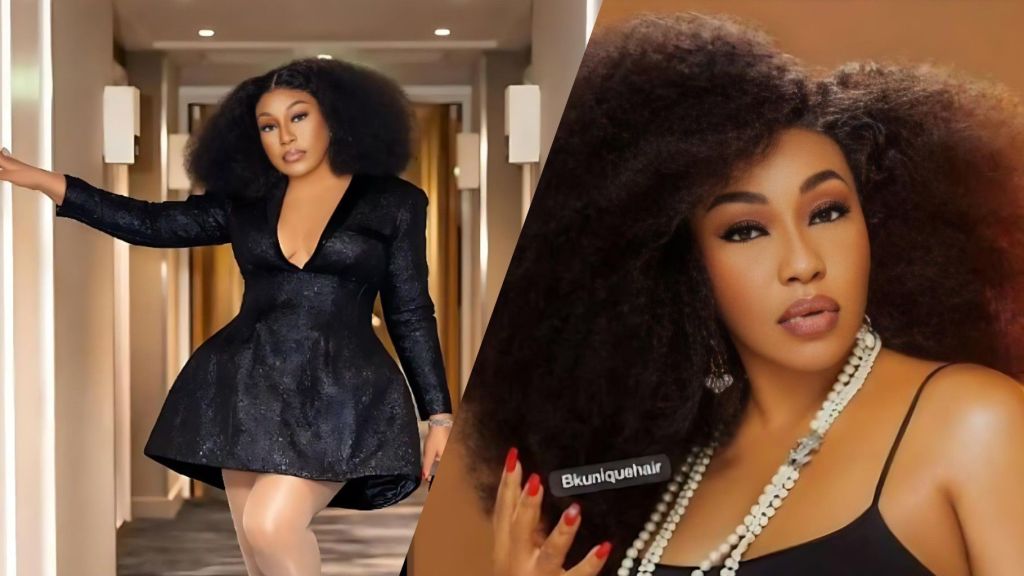 Rita Dominic poses in two stylish outfits; one shows her in a short black dress with voluminous hair in a hallway, and the other is a close-up portrait highlighting her makeup, curly hair, and pearl accessories