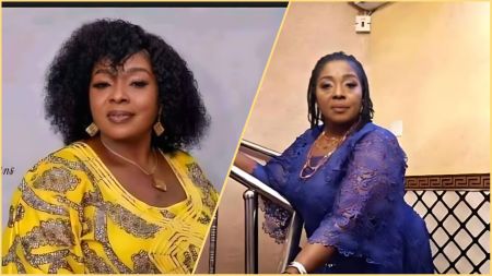 Side-by-side photos of Nigerian actress Rita Edochie wearing a yellow outfit in one frame and a blue lace outfit in another, posing for the camera.