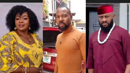 A side-by-side collage showing Nollywood actress Rita Edochie on the left, Linc Edochie in the centre standing outdoors beside a red SUV, and actor Yul Edochie on the right wearing a red cap and burgundy traditional outfit.