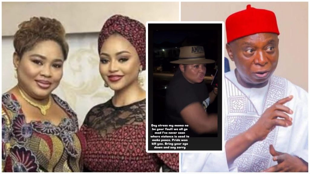 Collage showing Rita Daniels and her daughter Regina Daniels posing together, an inset of Rita speaking angrily in a night video, and a separate photo of Senator Ned Nwoko pointing while talking.