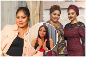 A collage featuring Nigerian actress Regina Daniels and her mother, Rita Daniels. The images show Rita in two separate portraits, and Regina posing beside her in a fitted lace dress, with an additional circular inset of Regina wearing a red top and clapping her hands.