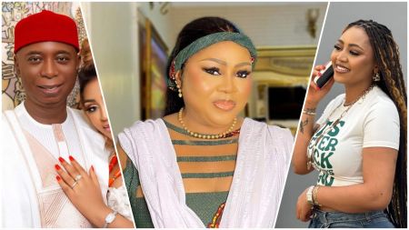 A collage showing Senator Ned Nwoko on the left, Rita Daniels in the centre, and Regina Daniels smiling while holding a phone on the right.