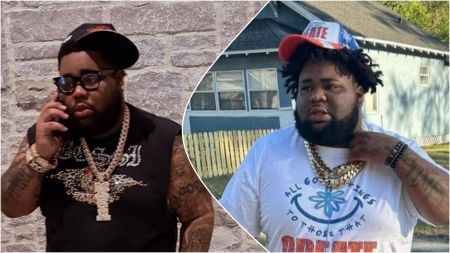 Side-by-side photos of rapper Rod Wave wearing heavy jewellery, one showing him on a phone in a black outfit and cap, the other in a white T-shirt and colourful cap outdoors.