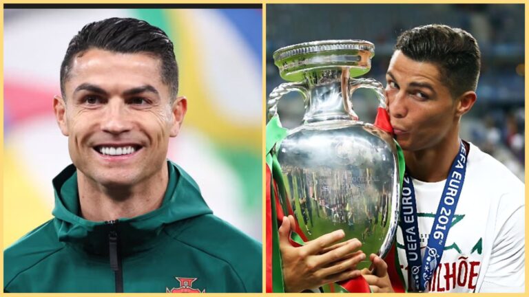 Side-by-side photos of Cristiano Ronaldo — on the left, smiling in Portugal’s green tracksuit; on the right, kissing the UEFA Euro 2016 trophy while wearing a white Portugal shirt and medal.