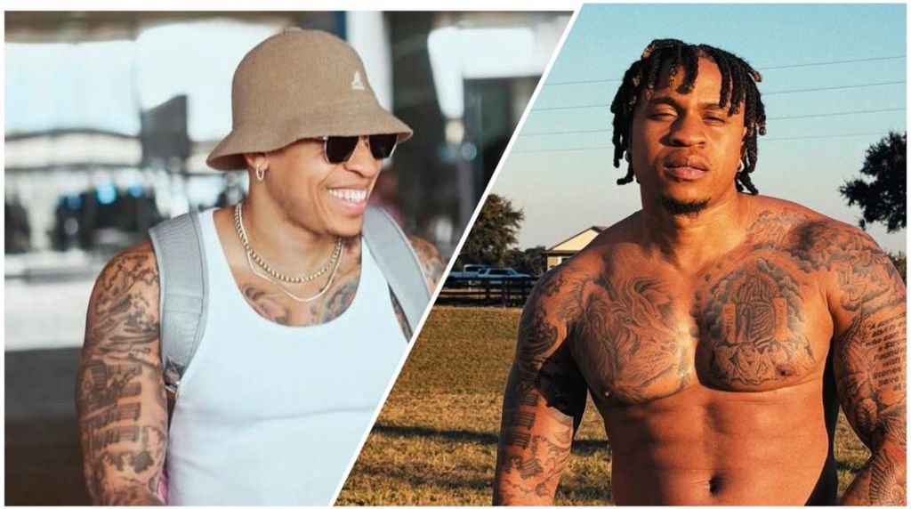 Side-by-side collage showing actor and singer Rotimi; on the left, he smiles in a beige bucket hat, sunglasses, white tank top and backpack; on the right, he appears shirtless outdoors, showing his tattoos while standing in a sunlit field.