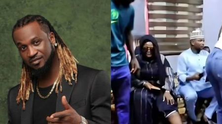 Left side: Nigerian singer Rudeboy poses in a studio portrait wearing a black outfit and blonde dreadlocks. Right side: A woman sits in a room surrounded by several people, including a man in traditional attire, during what appears to be an arrest or interrogation setting