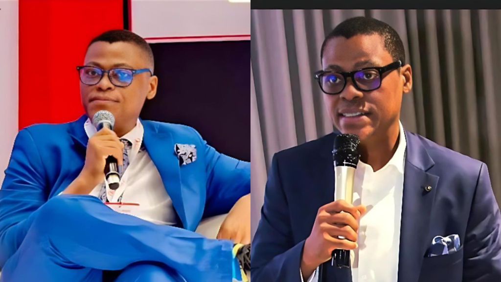 Side-by-side photos of Nigerian broadcaster Rufai Oseni speaking into a microphone while dressed in blue suits, one seated at an event and the other standing during a presentation.