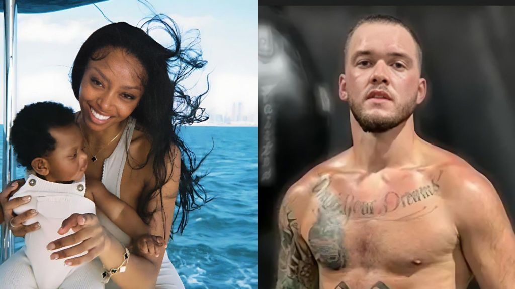 “Side-by-side photo showing Fiona holding her young daughter on a boat with the sea behind them, and Ryan Taylor shirtless in a separate image, looking directly at the camera.”