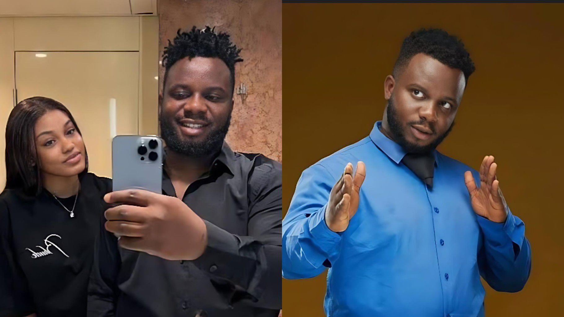 Collage showing Nigerian comedian Sabinus taking a mirror selfie with his wife on the left, both dressed in black, and Sabinus posing alone in a blue shirt with his hands raised on the right.