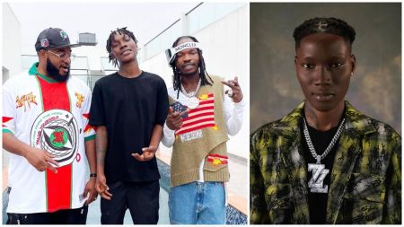 A collage showing two images: on the left, three men standing together outdoors — Sam Larry on the far left wearing a multicolored jersey and cap, Zinoleesky in the middle wearing a black T-shirt, and Naira Marley on the right wearing a headband and patched sweater; on the right, a portrait of Zinoleesky wearing a patterned jacket and a large “Z” pendant necklace.