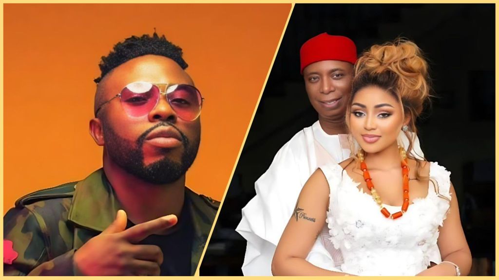 Side-by-side collage showing Nigerian producer Samklef on the left wearing sunglasses and a camo jacket, and on the right Senator Ned Nwoko posing with his wife Regina Daniels in traditional attire