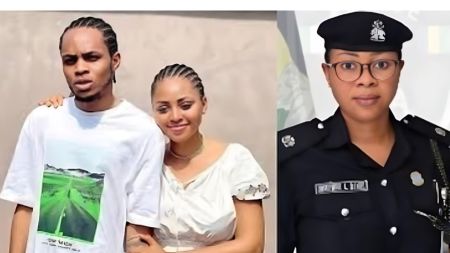 Side-by-side photo showing Sammy West standing with his sister Regina Daniels on the left, and an FCT police spokesperson in uniform on the right.
