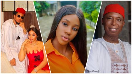 Three-panel collage. Left: Regina Daniels in a red dress sits beside her brother Sammy West in white traditional wear and red cap. Centre: close-up portrait of NK in an orange shirt. Right: Senator Ned Nwoko in white attire with a red cap, smiling at the camera.