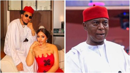 Side-by-side photo collage showing Sammy West posing beside his sister Regina Daniels on the left, both dressed in traditional attire, and Senator Ned Nwoko speaking while wearing a red cap on the right.