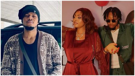 Side-by-side collage. Left: Sammy West wears a black beanie with a small cross pin and a patterned cardigan, posing in front of a car. Right: Regina Daniels in a burgundy dress stands beside Sammy West in a green outfit and sunglasses, their hands lightly joined at an event backdrop with balloons.