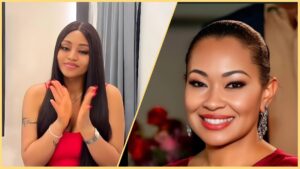 Side-by-side photo showing actress Regina Daniels in a red outfit clapping softly and Senator Natasha Akpoti-Uduaghan smiling in a formal portrait with red lipstick and drop earrings.