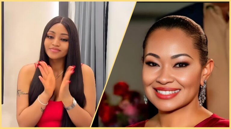 Side-by-side photo showing actress Regina Daniels in a red outfit clapping softly and Senator Natasha Akpoti-Uduaghan smiling in a formal portrait with red lipstick and drop earrings.