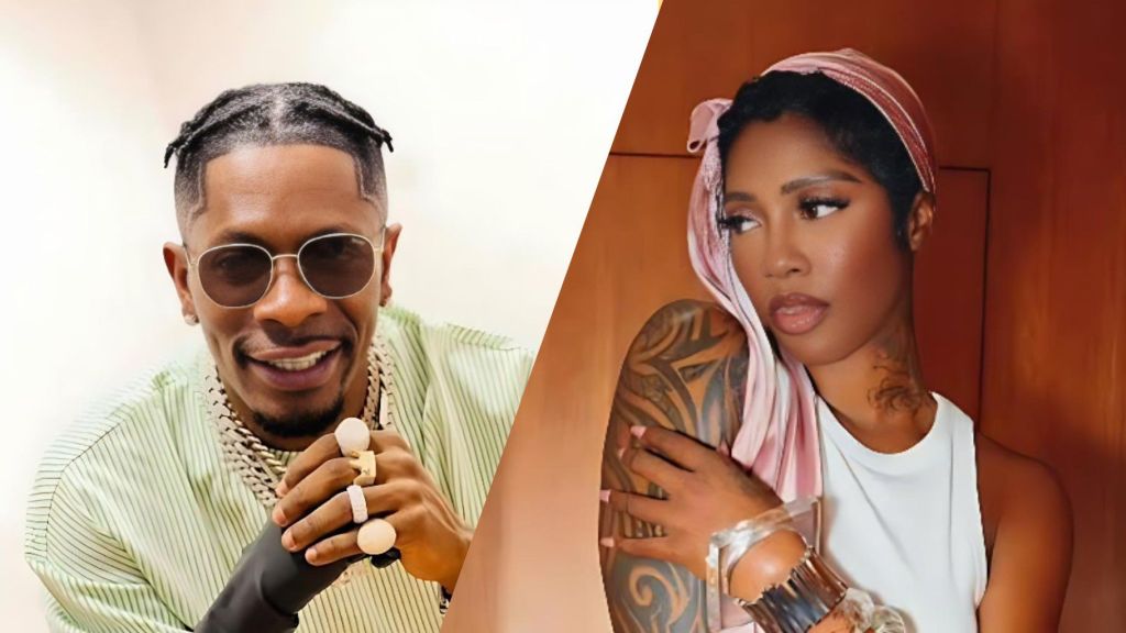 Side-by-side photo of Shatta Wale smiling in sunglasses and layered jewelry, next to Tiwa Savage posing with a pink headscarf and tattooed arm.