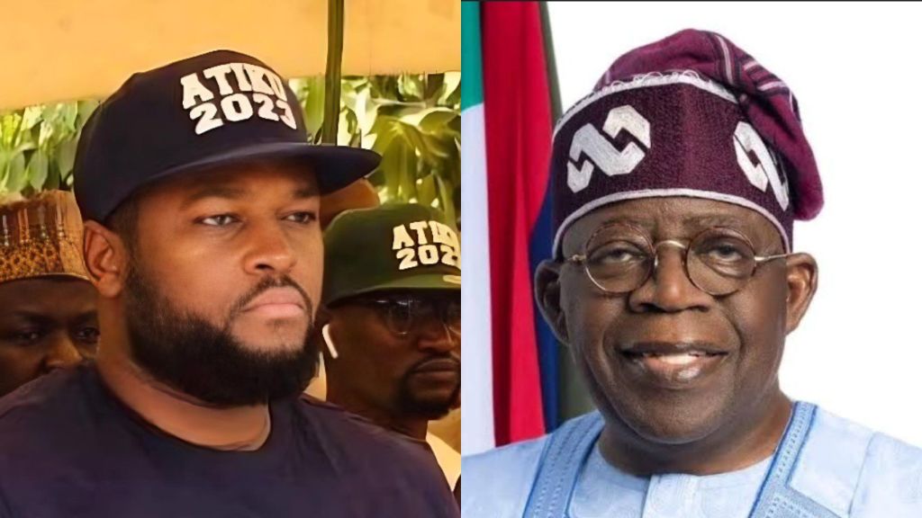 Split image showing Shehu Abubakar on the left wearing a dark cap with “ATIKU 2023” written on it, looking serious, while President Bola Ahmed Tinubu appears on the right wearing his signature agbada and cap, smiling slightly against a plain background.