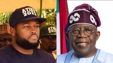 Split image showing Shehu Abubakar on the left wearing a dark cap with “ATIKU 2023” written on it, looking serious, while President Bola Ahmed Tinubu appears on the right wearing his signature agbada and cap, smiling slightly against a plain background.